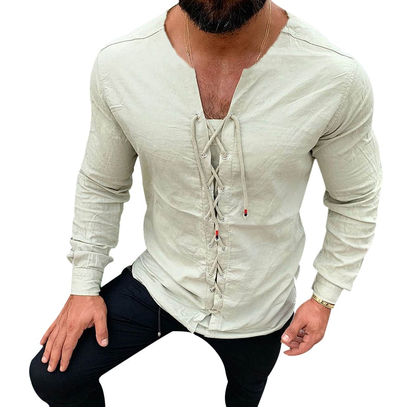 Men's Casual Pure Color Tether Cotton Linen Shirts