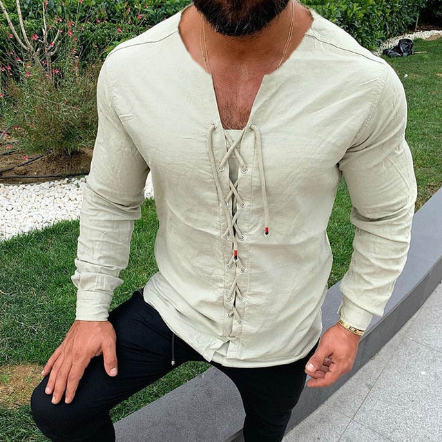 Men's Casual Pure Color Tether Cotton Linen Shirts