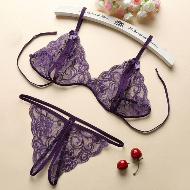 New 3 Colors Sexy Hollow Lingerie Women Lace Bra Set