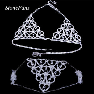 StoneFans Hot Erotic Lingerie Rhinestone Heart Body Chain Bikini Set