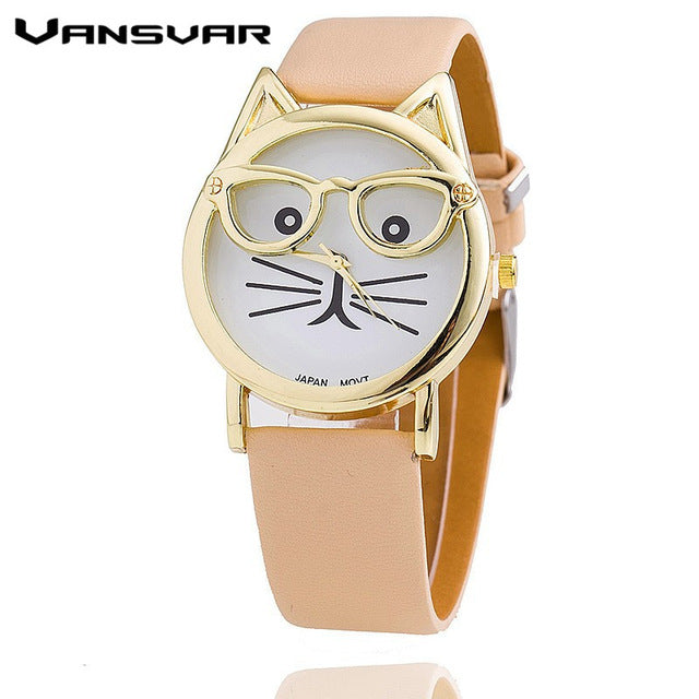 Glasses Cat  Fashion Women's Leather Strap Wrist Watch