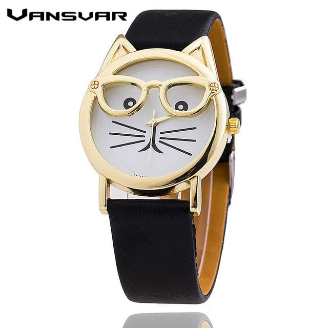 Glasses Cat  Fashion Women's Leather Strap Wrist Watch