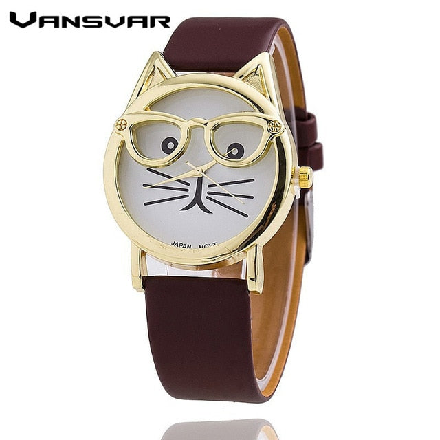 Glasses Cat  Fashion Women's Leather Strap Wrist Watch