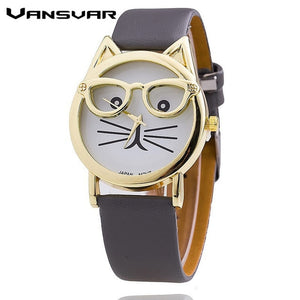 Glasses Cat  Fashion Women's Leather Strap Wrist Watch