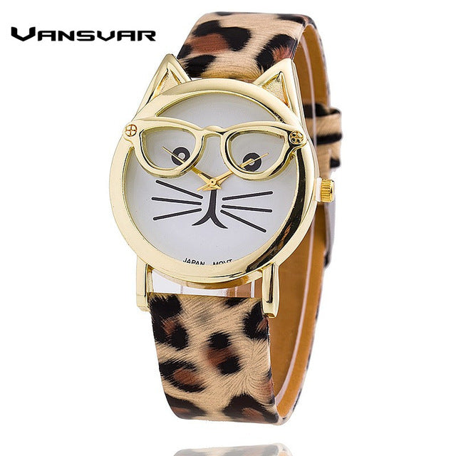 Glasses Cat  Fashion Women's Leather Strap Wrist Watch