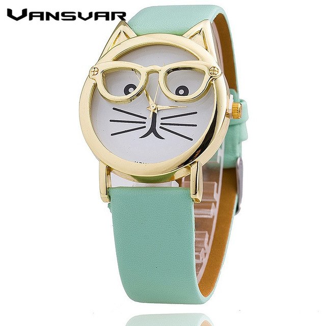 Glasses Cat  Fashion Women's Leather Strap Wrist Watch