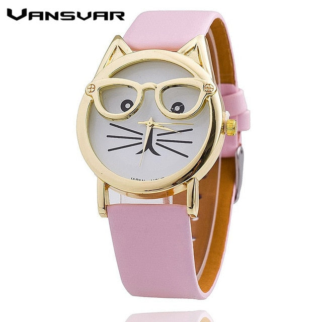 Glasses Cat  Fashion Women's Leather Strap Wrist Watch