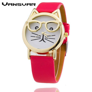 Glasses Cat  Fashion Women's Leather Strap Wrist Watch