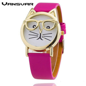 Glasses Cat  Fashion Women's Leather Strap Wrist Watch