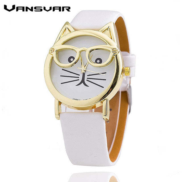 Glasses Cat  Fashion Women's Leather Strap Wrist Watch