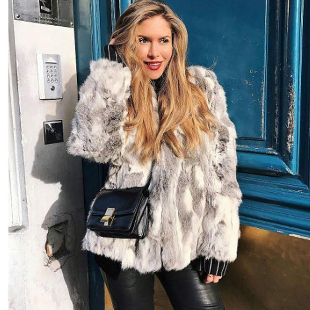 Winter Fashion  Real Rabbit l Fur Coat For Women Plus Size Genuine Leather Mid-long Fur coat