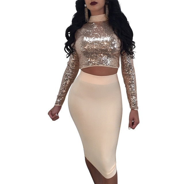 Sequins Two Piece Set High Neck Long Sleeve Lace Up Club Party Dresses