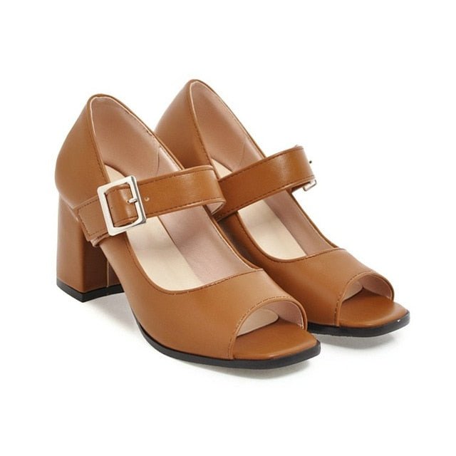 Women's Peep Toe Buckle Square Heels