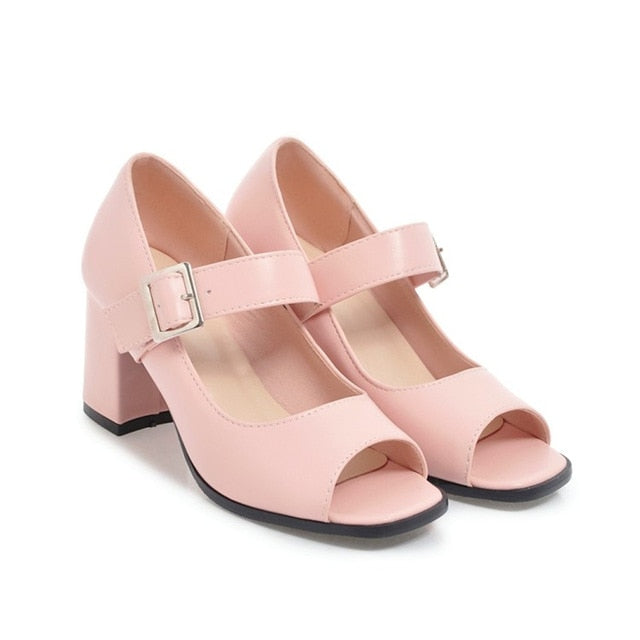 Women's Peep Toe Buckle Square Heels