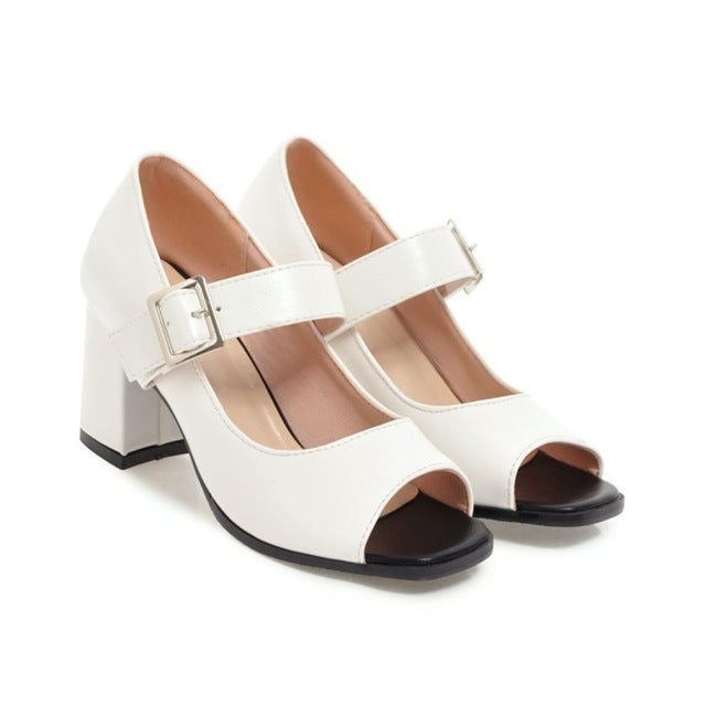 Women's Peep Toe Buckle Square Heels