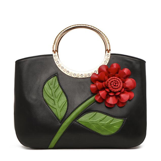 Women's Leather Hand Bag with Rose  (available in 7 colors)