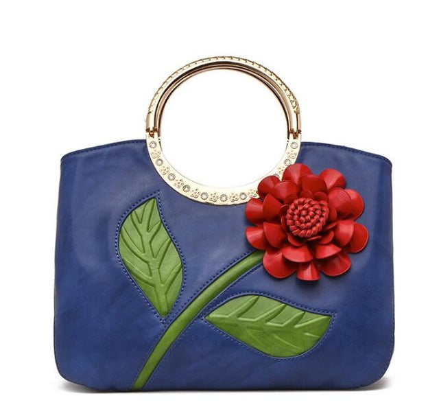 Women's Leather Hand Bag with Rose  (available in 7 colors)