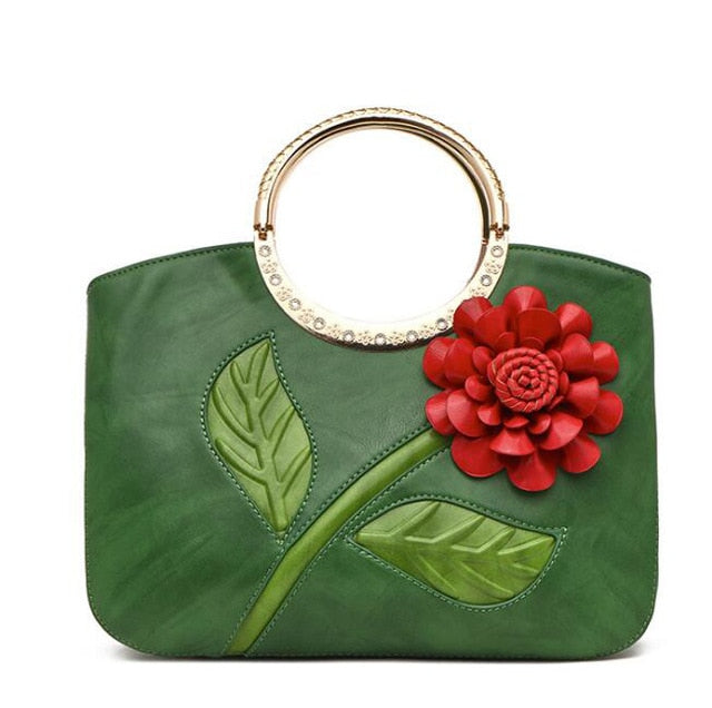 Women's Leather Hand Bag with Rose  (available in 7 colors)