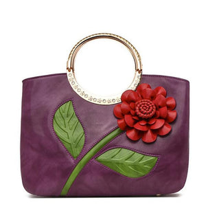 Women's Leather Hand Bag with Rose  (available in 7 colors)