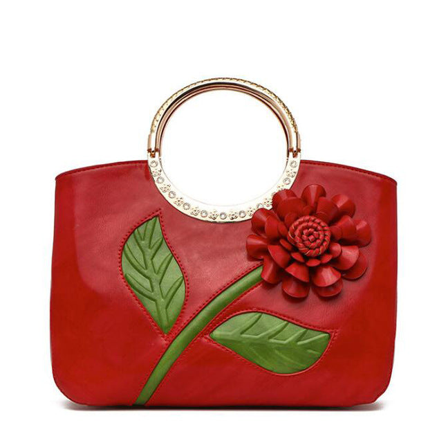 Women's Leather Hand Bag with Rose  (available in 7 colors)