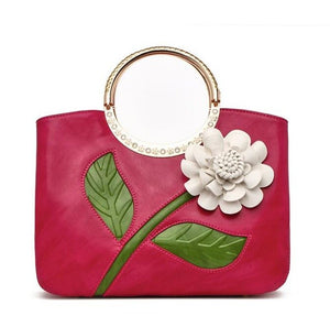 Women's Leather Hand Bag with Rose  (available in 7 colors)