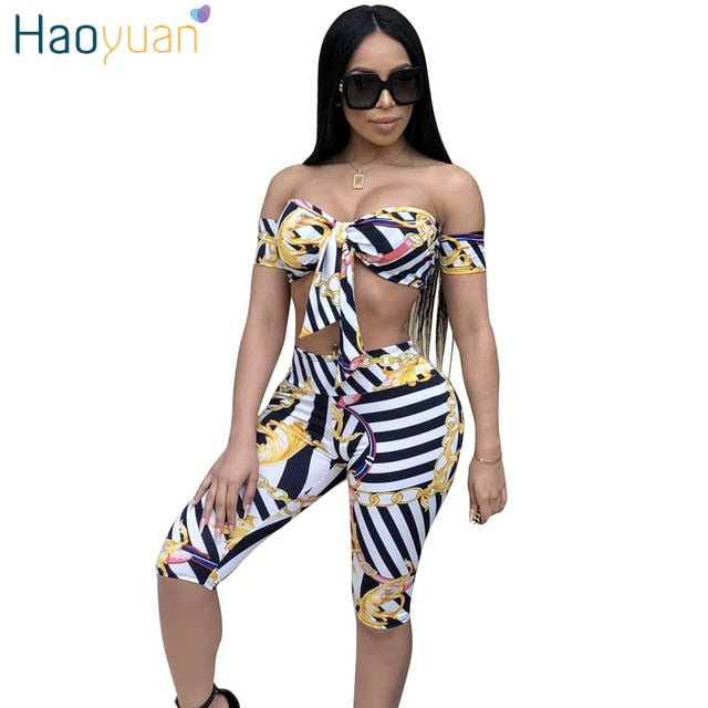 Sexy 2 Piece Set Women Striped Print Off Shoulder Crop Tops