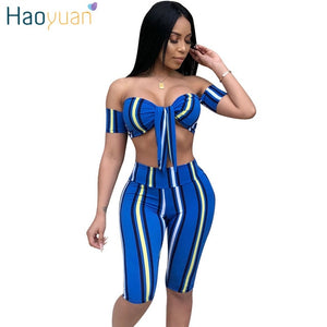 Sexy 2 Piece Set Women Striped Print Off Shoulder Crop Tops