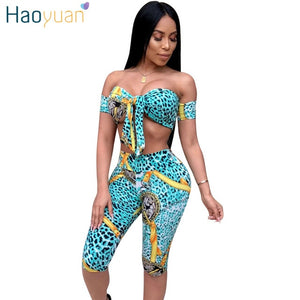 Sexy 2 Piece Set Women Striped Print Off Shoulder Crop Tops