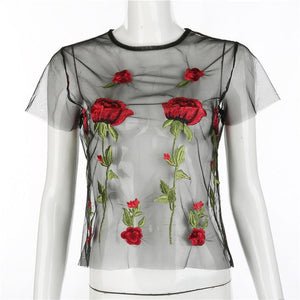 Women Black Mesh Sexy Florals Blouses Elegant Night Party Lace