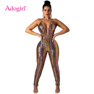 Women Colorful Stripe Sequins Jumpsuit