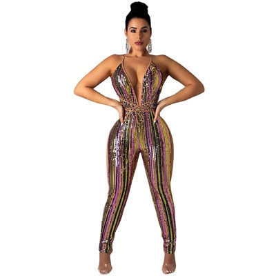 Women Colorful Stripe Sequins Jumpsuit