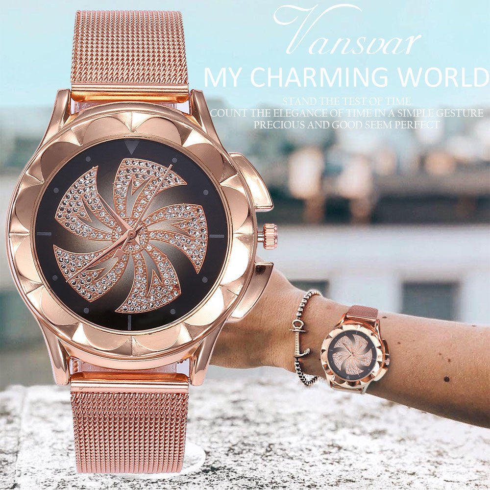 Fashion Women Rose Gold Colorful Dial Windmills Wrist Watch