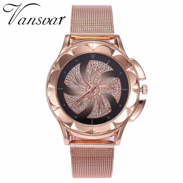 Fashion Women Rose Gold Colorful Dial Windmills Wrist Watch