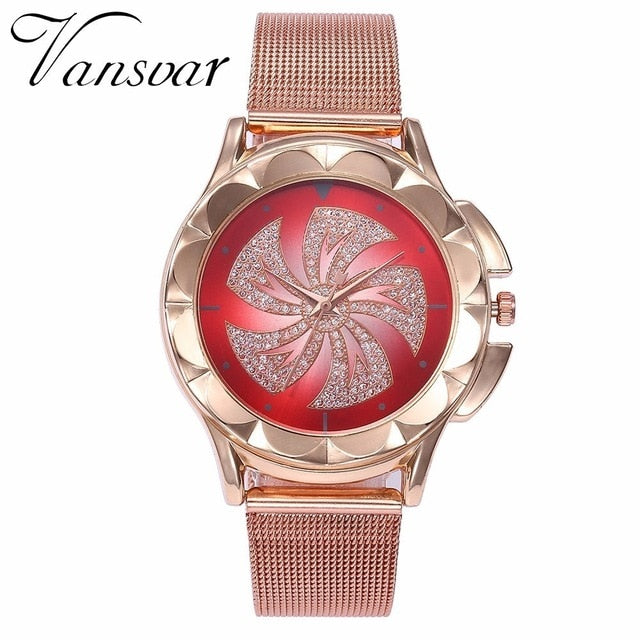 Fashion Women Rose Gold Colorful Dial Windmills Wrist Watch