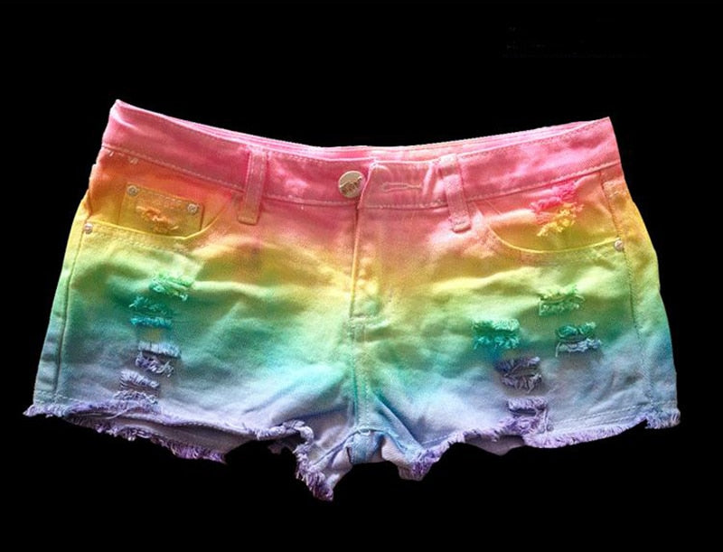 Summer Women Rainbow Ice Cream Color Denim Shorts Broken