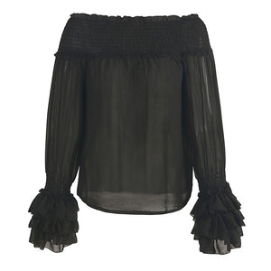 Women's Black Chiffon Long Sleeve Blouse with Ruffles