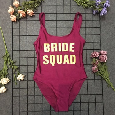 BRIDE SQUAD Print One Piece Swimsuit Sexy Thong Swimwear