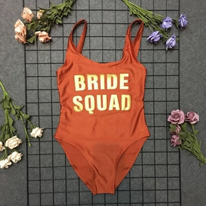 BRIDE SQUAD Print One Piece Swimsuit Sexy Thong Swimwear