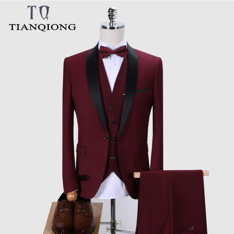 Wedding Suits for Men Shawl Collar 3 Pieces Slim Fit Burgundy